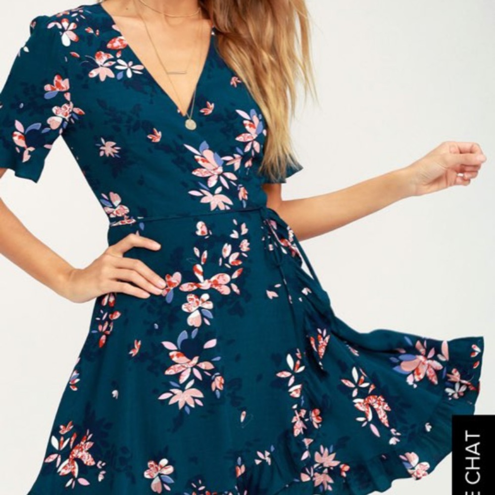 Lulus Dark Turquoise Floral Wrap Dress